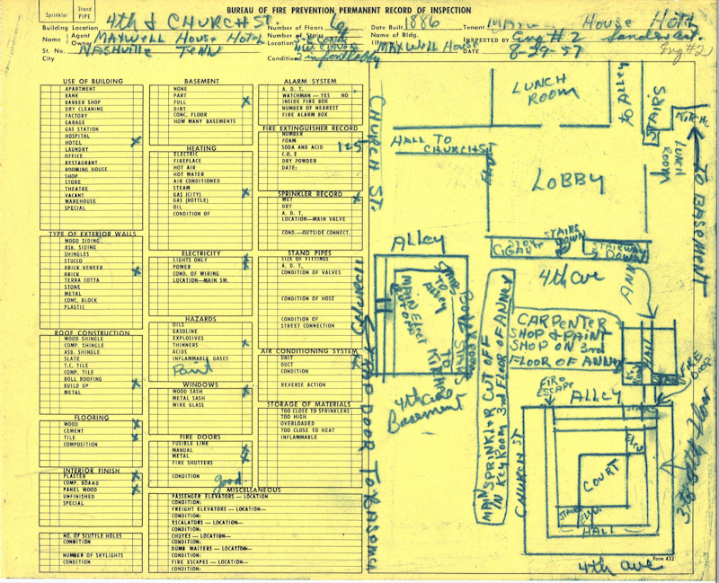 Fire Dept. Collection, Bureau of Fire Prevention Permanent Record of Inspection for the Maxwell House Hotel