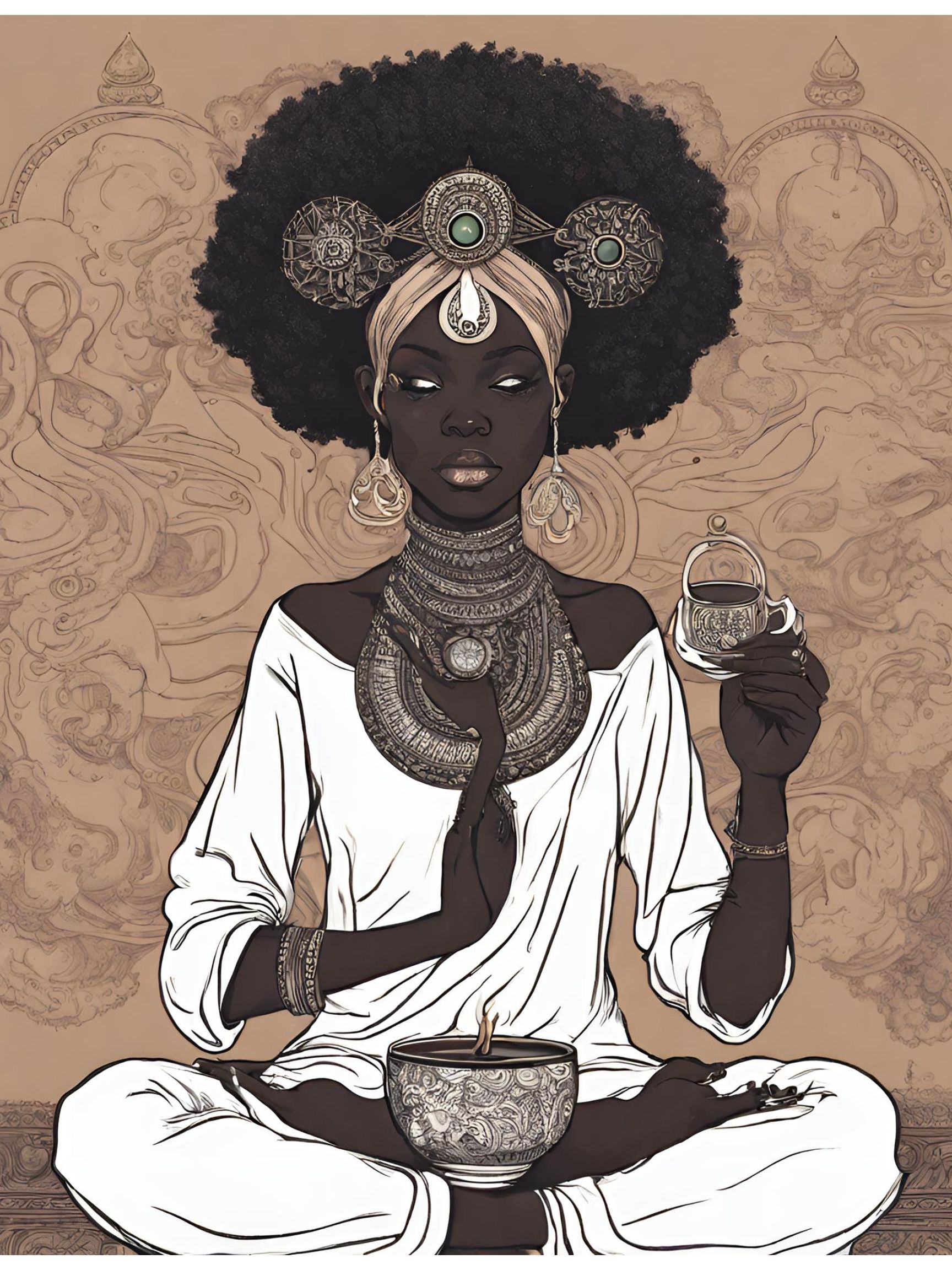 black yogi centering the self and sipping some tea