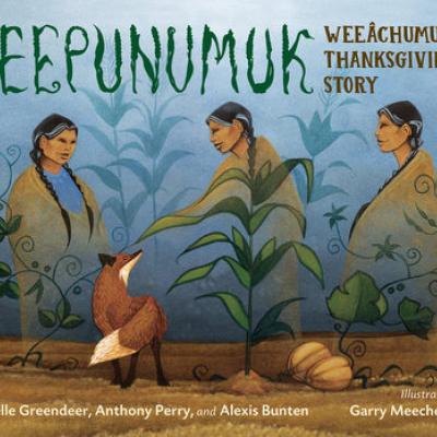 Book cover illustration which includes three Wampanoag figures and a fox 