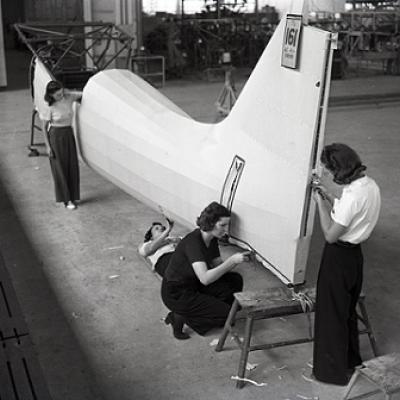 From the Banner Collection in Archives, women working on airplanes circa 1941